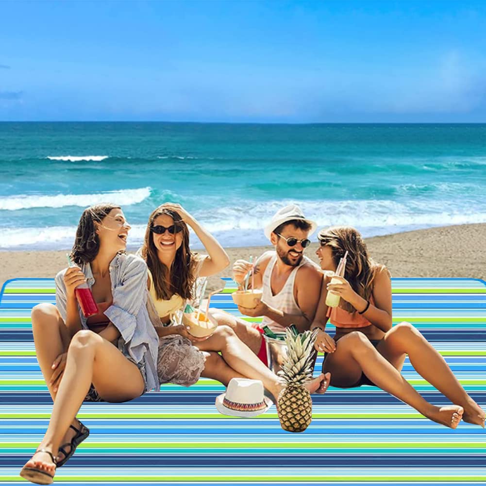 Giftock Picnic Blanket | Beach Picnic mat for Indoor & Outdoor, 80" x 57" Sandproof Waterproof Larger Mat for Travel, Camping, Hiking, Park Grass,Handy Mat Tote, Foldable (Blue Line, Fabric)