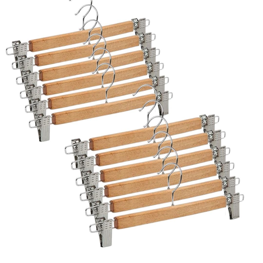 Giftock Wooden Clip Hanger Space-Saving Skirt Holders Central Heavy Closet, Pants and Shorts Hangers, Ridged Non-Slip with Pinch Clips, 360-Rotating Chrome Swivel Hook (Walnut, 1 Pc)