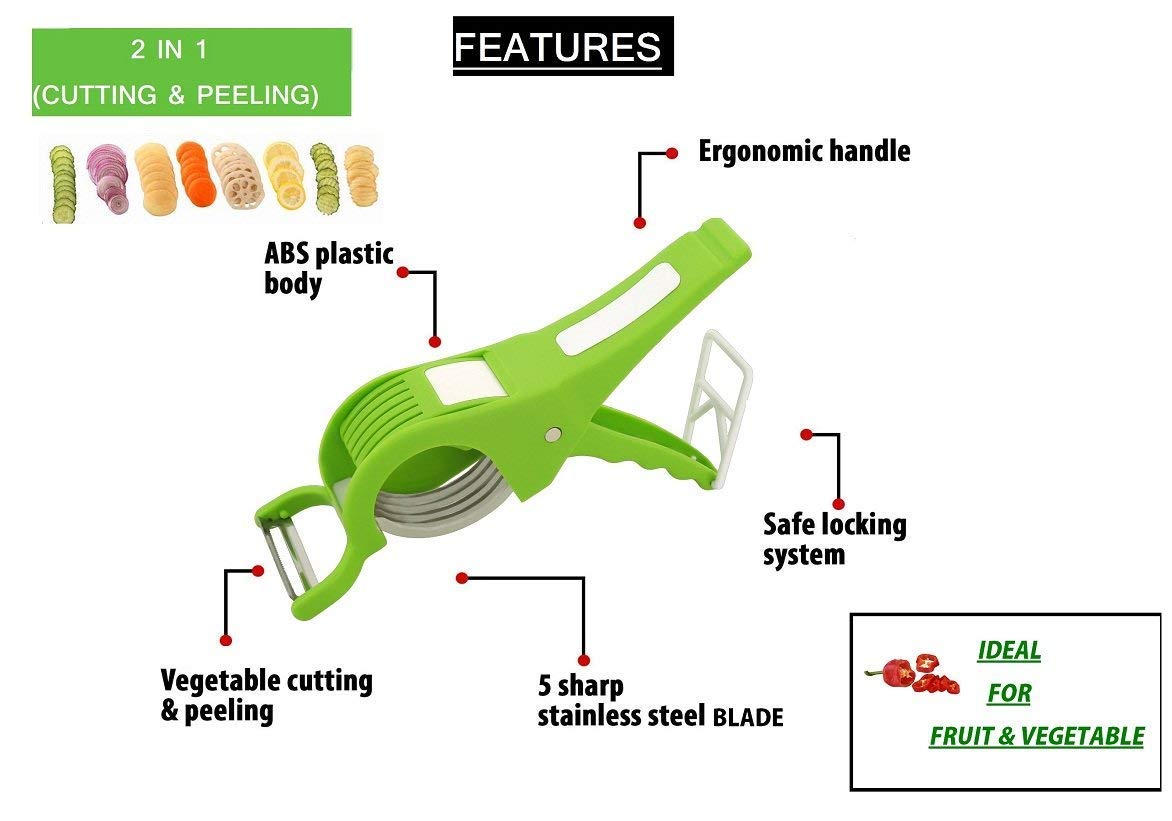 Giftock Plastic 2 in 1 Vegetable & Fruit Multi Cutter with Peeler | Bhindi Cutter Slicer | Stainless Steel 5 Blade Vegetable Cutter with Peele (2)