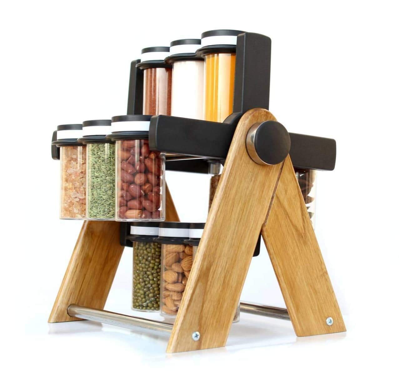 Giftock LEEZO Multipurpose Plastic & Wooden Wheel Spice Rack 12 Jar, 130 ml Wooden Spice Container for Kitchen Spice Containers for Storage