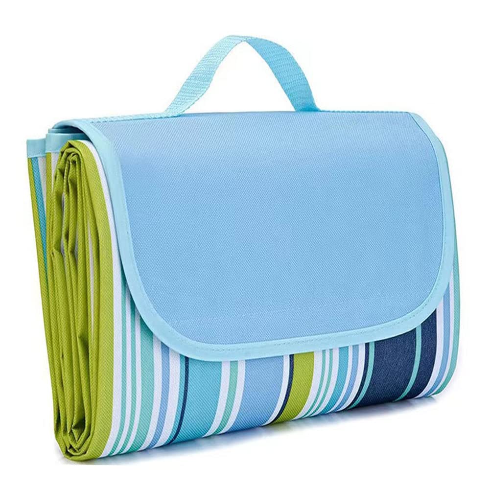 Giftock Picnic Blanket | Beach Picnic mat for Indoor & Outdoor, 80" x 57" Sandproof Waterproof Larger Mat for Travel, Camping, Hiking, Park Grass,Handy Mat Tote, Foldable (Blue Line, Fabric)