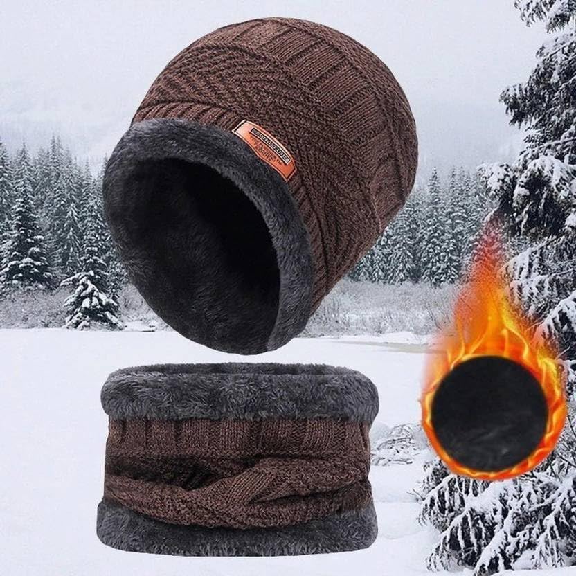 Giftock Wool Beanie Cap & Muffler for Mens & Women  Winter Cap for Men  Mens Woolen Cap with Neck Muffler  Winter Muffler for Women  Soft Woolen Muffler & Cap for Men & Women Black