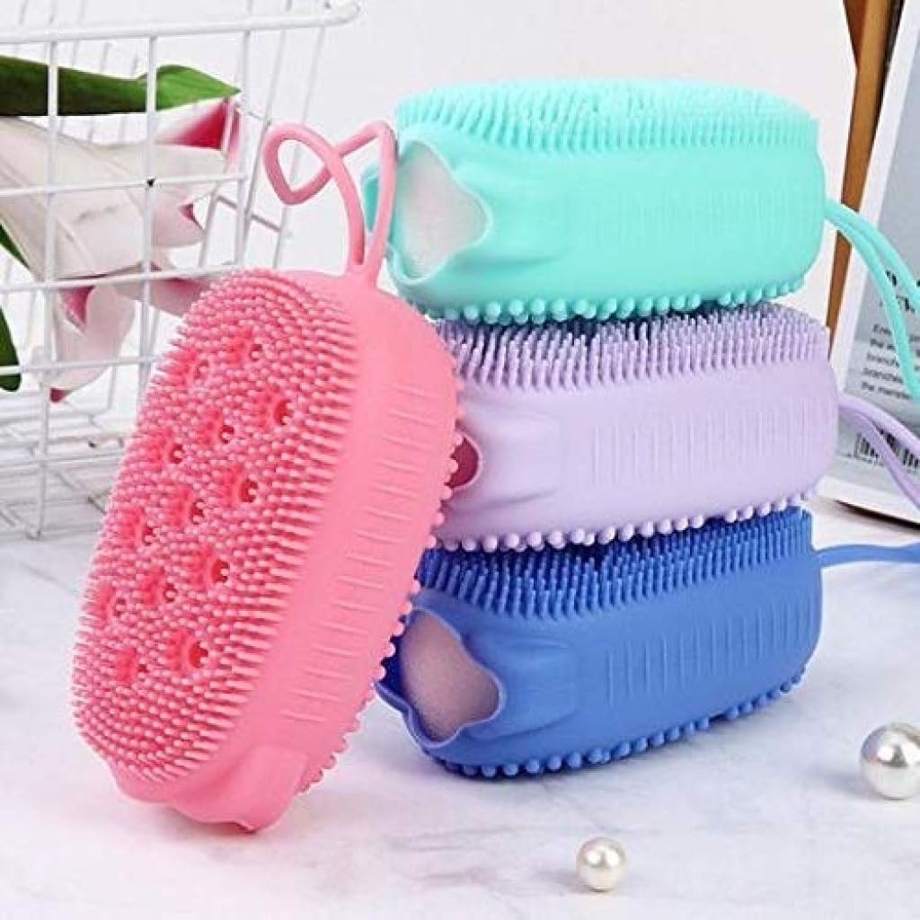 Giftock Bath Body Brush Silicone body scrubber Soft Bath Body Brush with Shampoo Dispenser - Skin Massage shower brush for men women kids unisex (Multicolor) (Pack of 1)