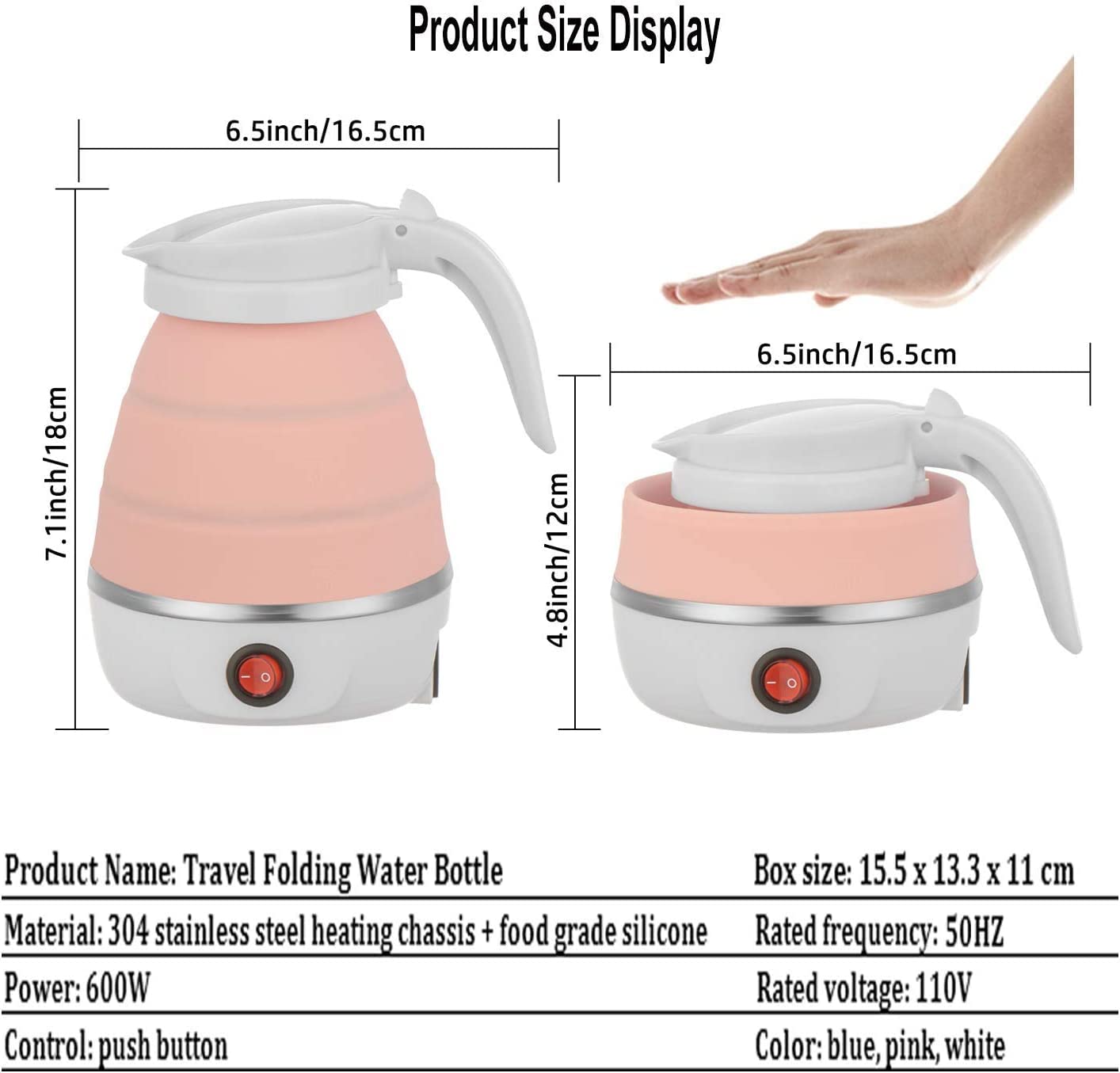 Giftock Travel Foldable Electric Kettle,Collapsible Electric Kettle Food Grade Silicone Small Electric Kettle Boiling Water, Used in Coffee,Tea,Milk,Dual Voltage(600ml,110-220V) (Multi Colour)