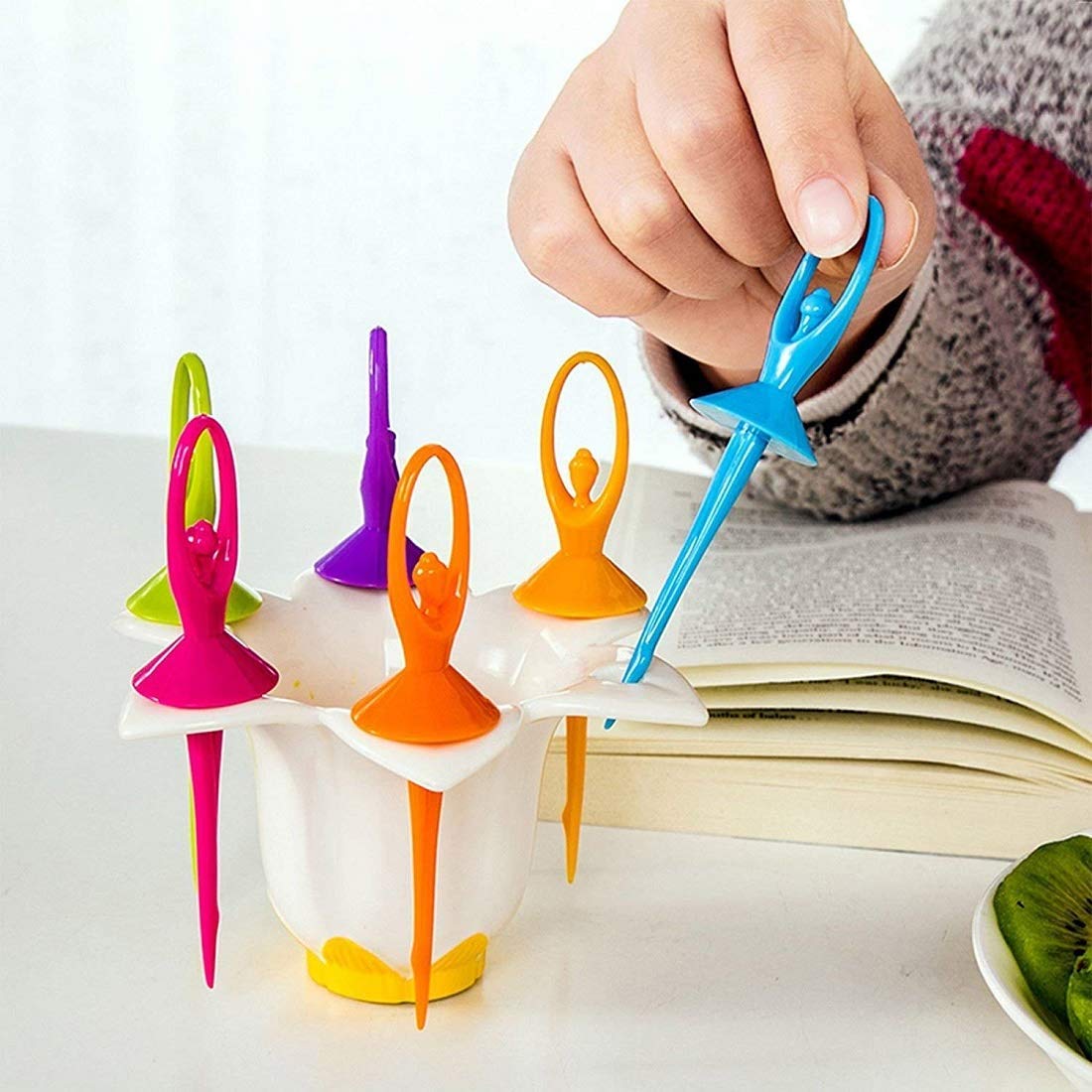 Giftock Plastic Dancing Doll Fruit Fork Set of 6 with Stand for Kids and Adults (Multicolor)