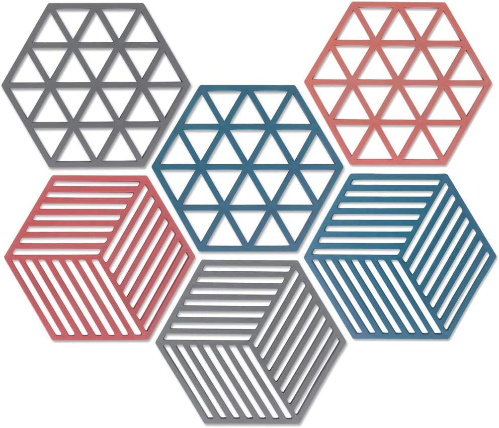 Giftock Silicone Trivets 6 Pcs 6.33 5.5 in Non-Slip Heat Resistant Hot Pots and Pans Holder, Expandable Hexagon Mats for Kitchen Cooking Counter