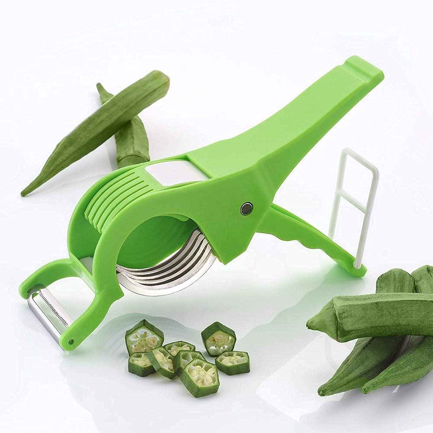 Giftock Plastic 2 in 1 Vegetable & Fruit Multi Cutter with Peeler | Bhindi Cutter Slicer | Stainless Steel 5 Blade Vegetable Cutter with Peele (2)
