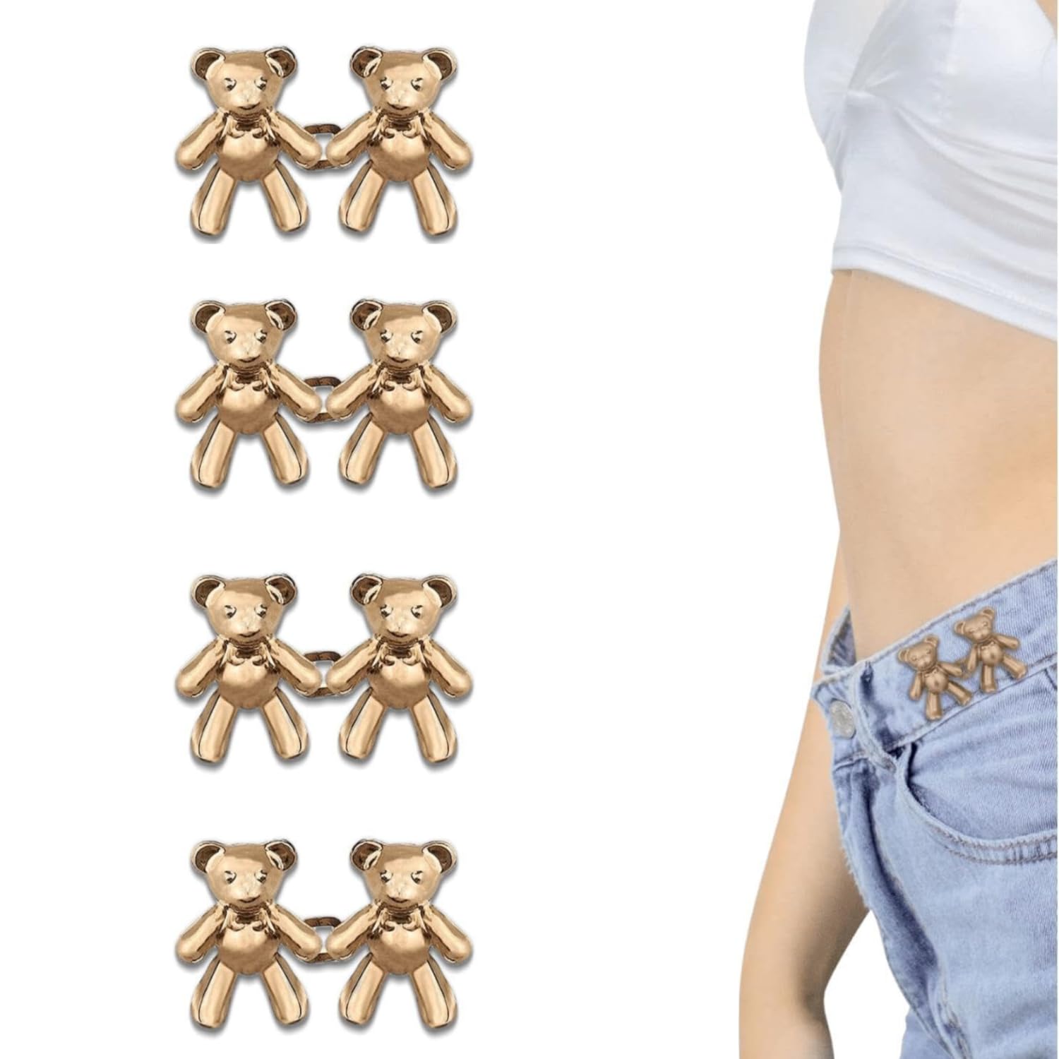 Giftock Adjustable Cute Bear Button Pins Buckle for Loose Jeans, Metal Pins Pearl Detachable Instant Button Pins, Set for Pants, Jeans, Skirts, Sleeves Tightener for Skirt Pants (Pack of 1, Silver)