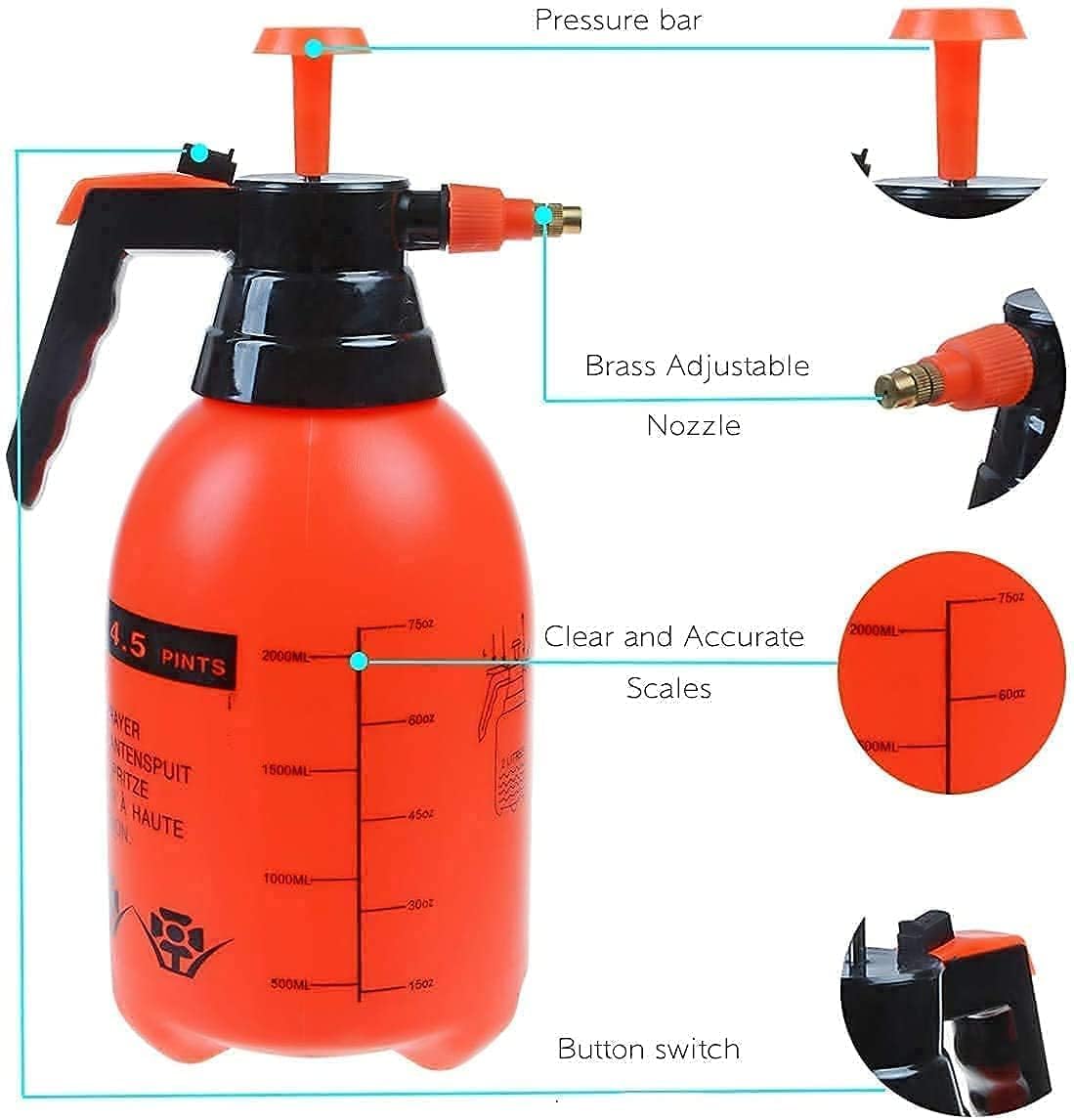Giftock Pump Pressure Sprayer | Lawn Sprinkler | Water Mister | Spray Bottle for Herbicides, Pesticides, Fertilizers, Plants Flowers - 2 Liter Capacity - Orange/Black
