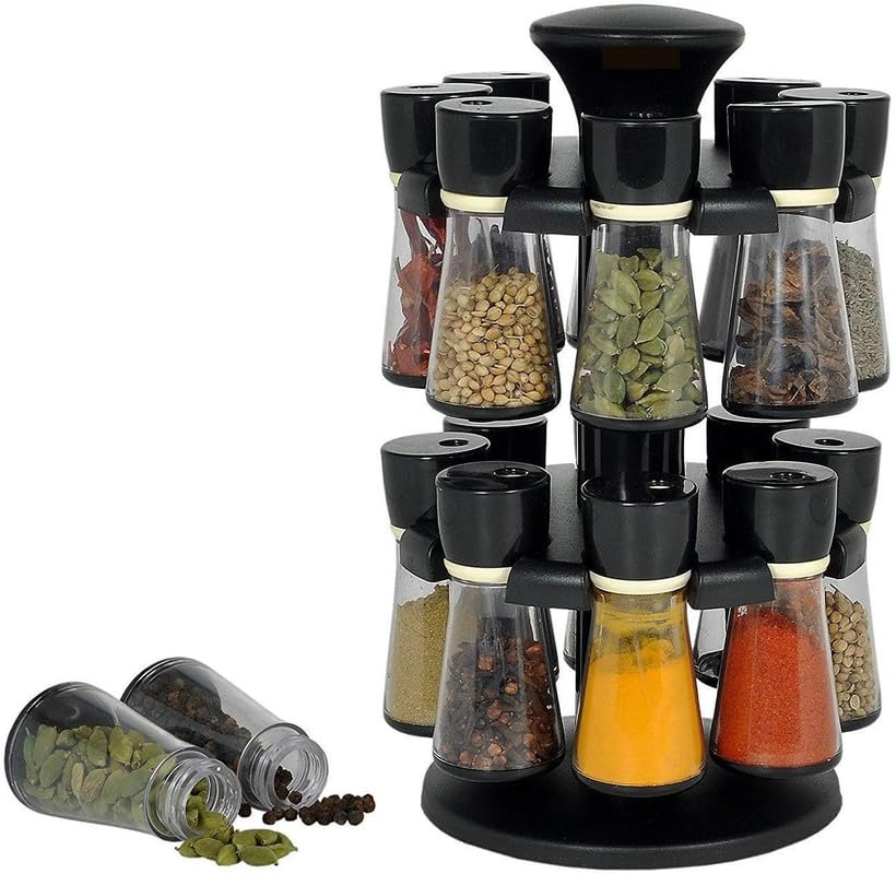 Giftock Multipurpose Revolving/Rotating Spice Rack For kitchen Plastic Made set of 16 for spice/salt masala container Rack with Holder and lid 16 pcs Black suitable for daining table
