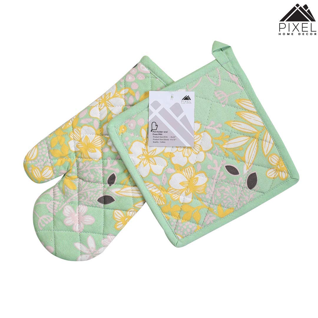 Giftock Printed Cotton Oven Mitten with Pot Holder (Multi)