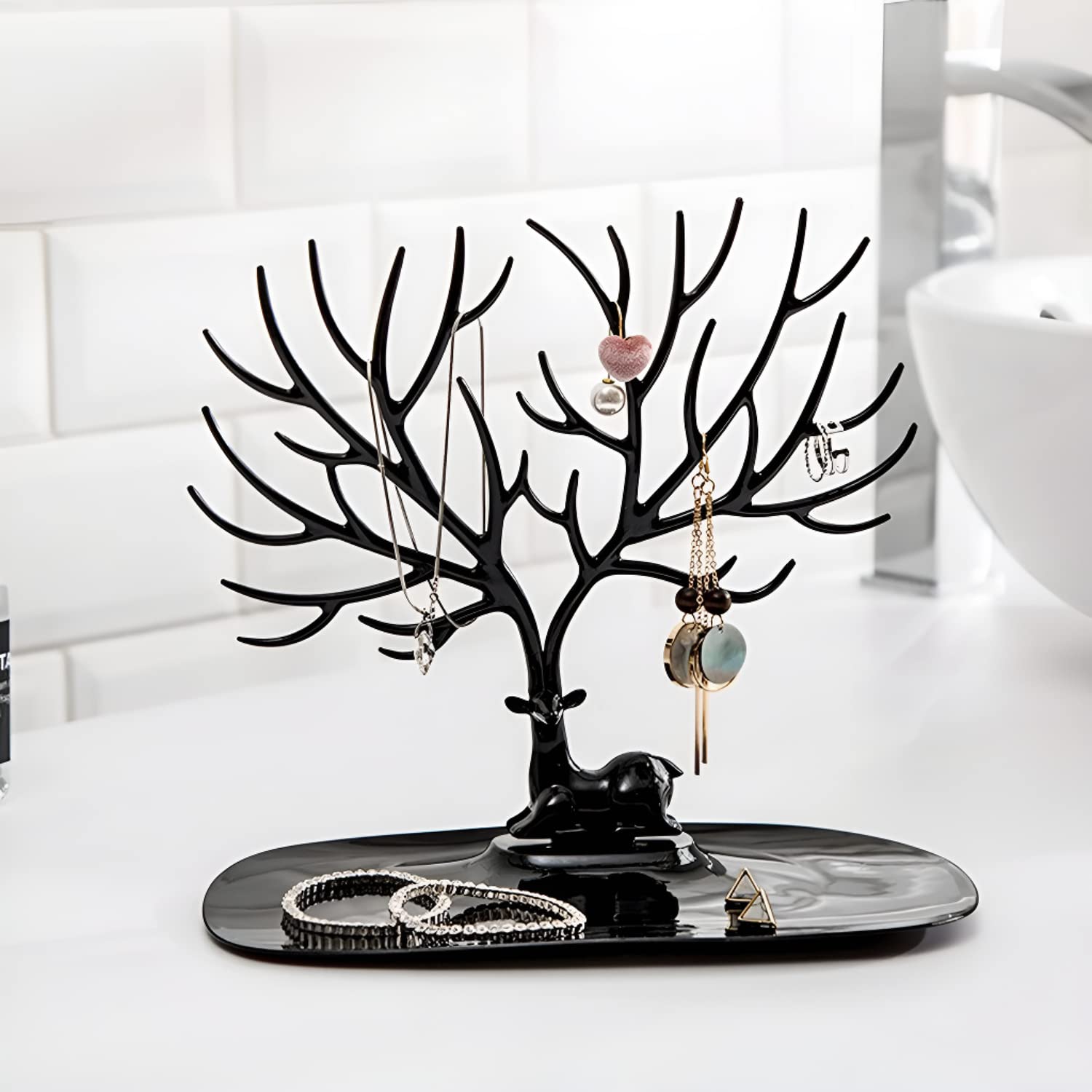 Giftock Deer/Antlers Jewelry Holder Deer Tree | Creative Sika Deer Tree Tray Display Stand Holder (Black)
