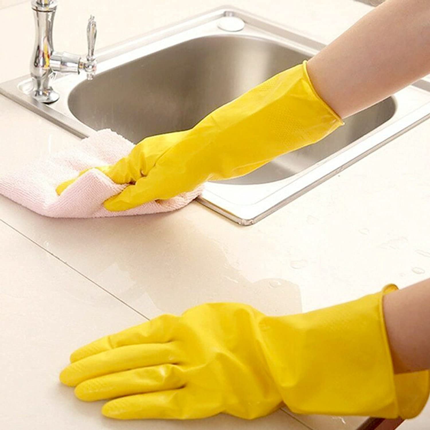 Giftock 3 Pair Reusable Household Rubber Cleaning Gloves,Dishwashing Gloves, Kitchen Cleaning, Working, Painting, Gardening, Pet Care || (Free Size, Yellow)