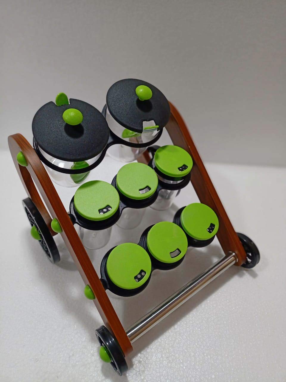 Giftock New Traditional Looked Rajwadi Cycle Style Spice rack with 8 jar with 2 spoon Plastic and Wooden Spice Rack Storage Jar (Multi Colour)