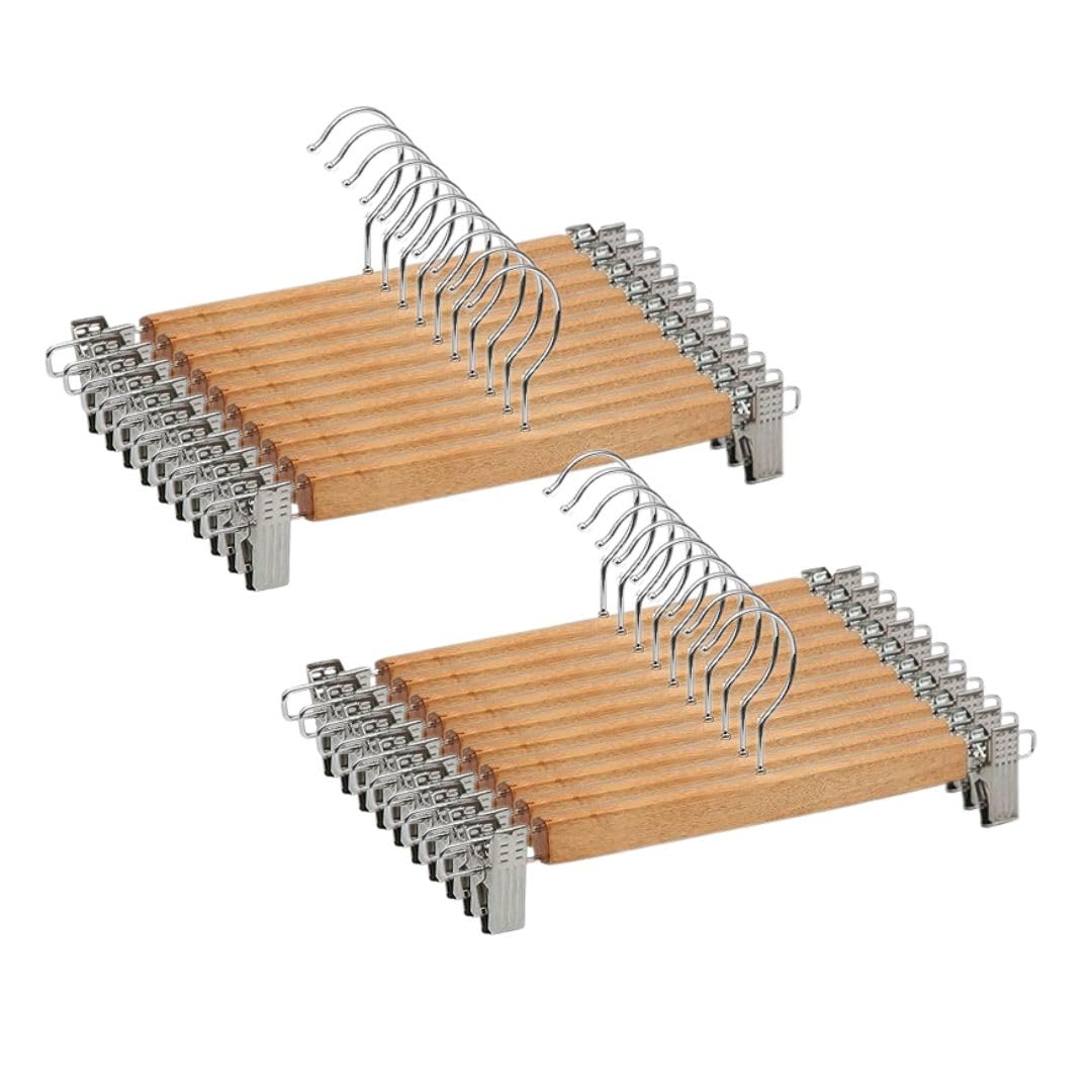 Giftock Wooden Clip Hanger Space-Saving Skirt Holders Central Heavy Closet, Pants and Shorts Hangers, Ridged Non-Slip with Pinch Clips, 360-Rotating Chrome Swivel Hook (Walnut, 1 Pc)