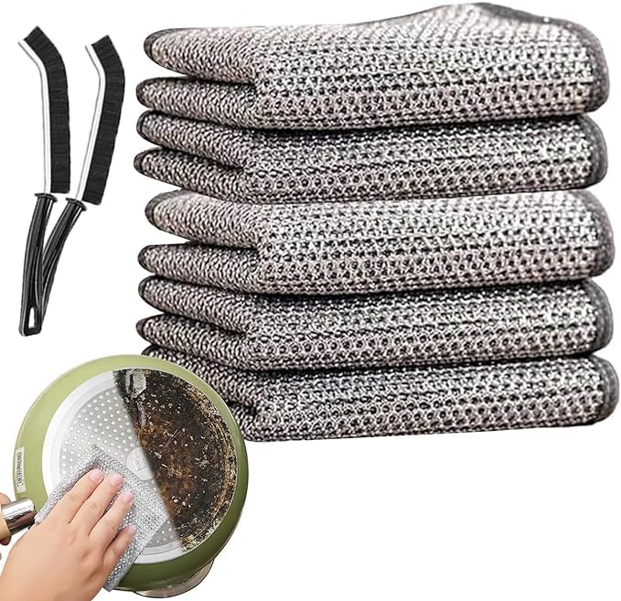 Giftock 5 Pack Non Scratch Dish Wash Cloth & 2 Gaps Cleaning Brush, Multipurpose Wire Dishwashing Rags for Wet and Dry, Easy Rinsing, Reusable, Mesh Wire Cloth for Kitchen, Sinks, Pots, Pans