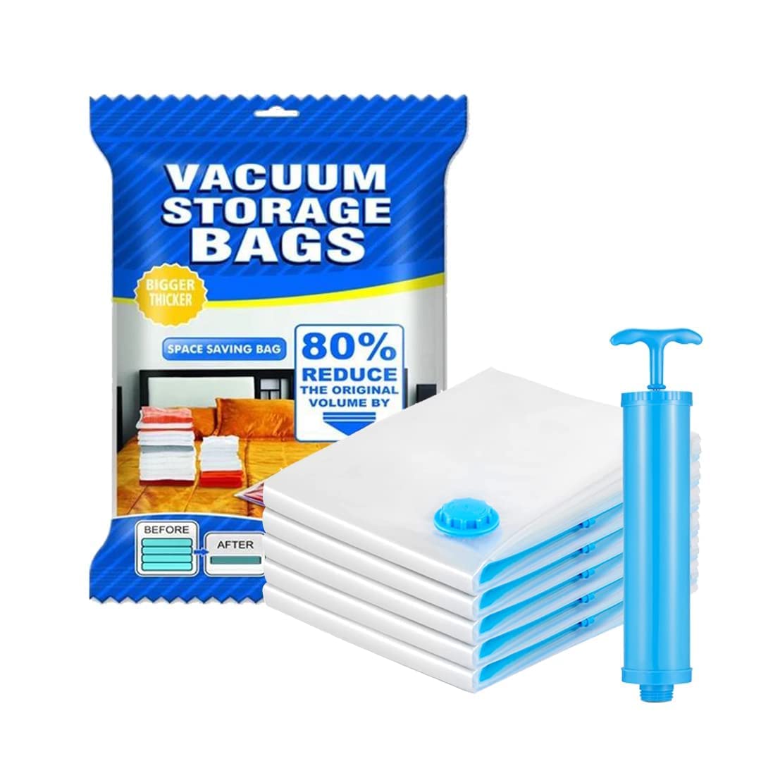 Giftock Space Saving Reusable Vacuum Storage Ziplock Compression Sealer Bags for Travel clothes and home Blankets, Quilts with hand Pump - (Standard Pack of 5 (2 Small + 2 Medium + 1 Large, Plastic)