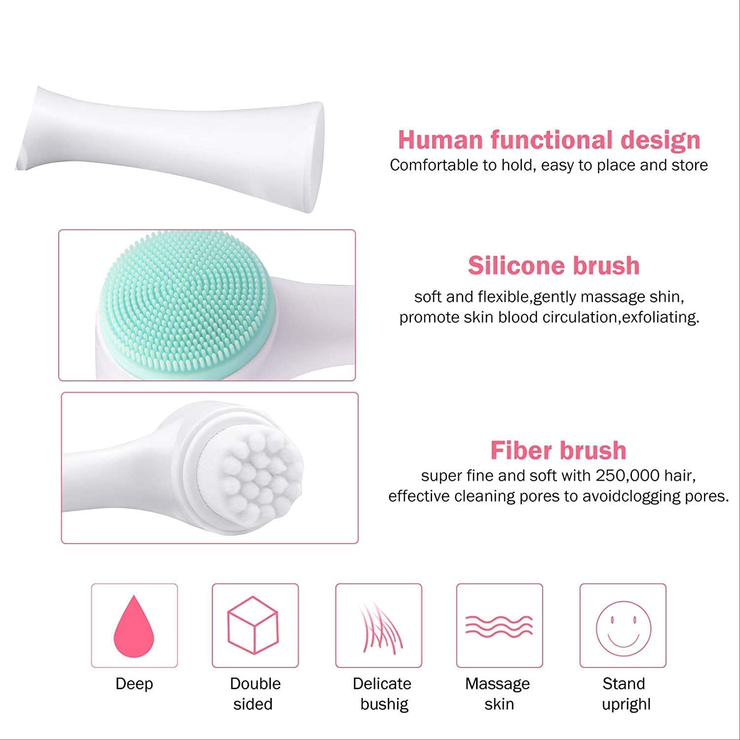 Giftock Manual Facial Cleansing, Double Side Skin Care Facial Cleaning Brush, Silicone Facial Scrubber Manual Dual Face Wash Brush for Deep Pore Exfoliation Makeup Massaging (1 Pcs)