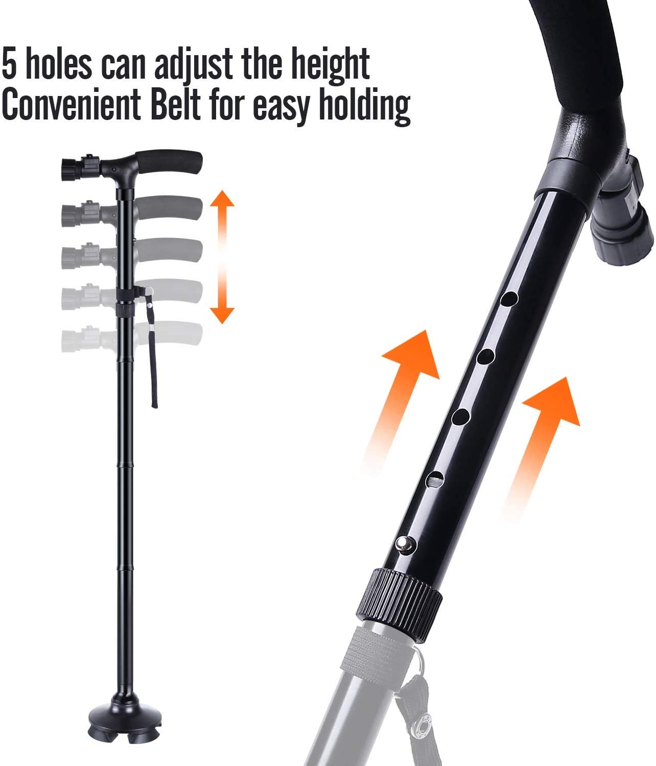 Giftock Folding Cane with Led Light- Non-Slip Grip Handle for Men & Women,Collapsible Walking Stick,Adjustable Walking Cane Base for Hiking Camping Black