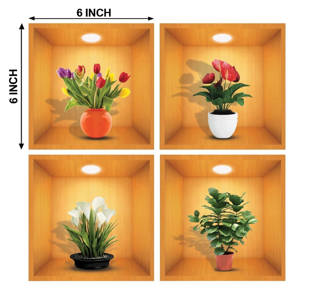 Giftock 3D Flower Wall Sticker - 4 Pcs New Creative Simulation Green Plant Pot Stickers, Self Adhesive Waterproof Wall Paper Decorative Stickers