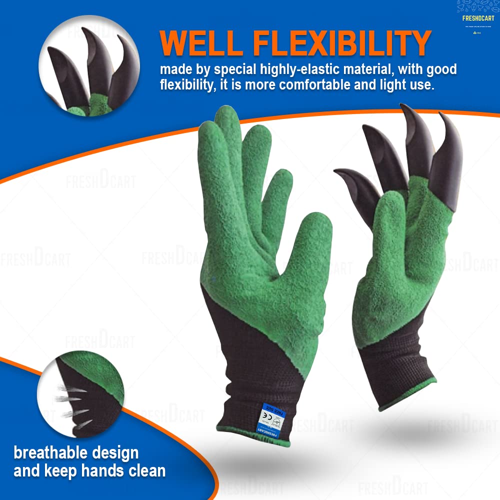 Giftock Heavy Duty Garden Farming Gloves Washable with Right Hand Fingertips ABS Claws for Digging and Gardening (Free Size, Green)(Acrylonitrile Butadiene Styrene, pack of)