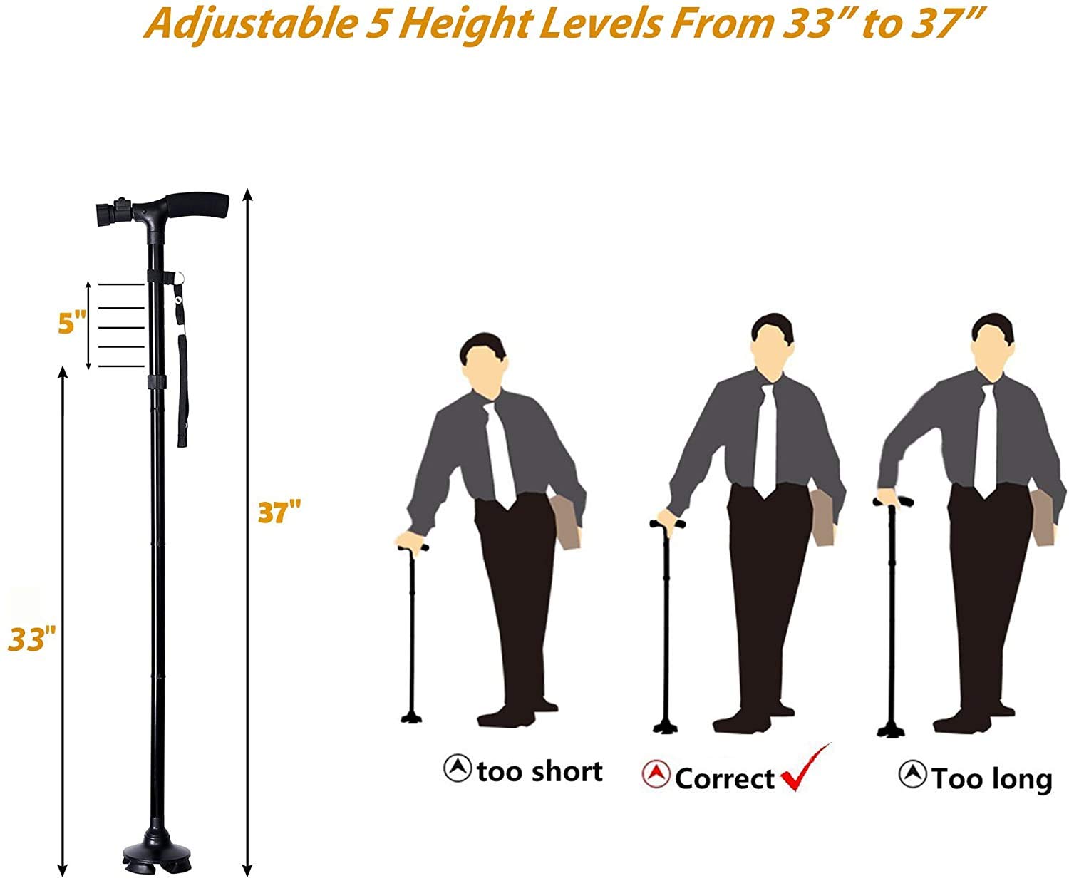 Giftock Folding Cane with Led Light- Non-Slip Grip Handle for Men & Women,Collapsible Walking Stick,Adjustable Walking Cane Base for Hiking Camping Black