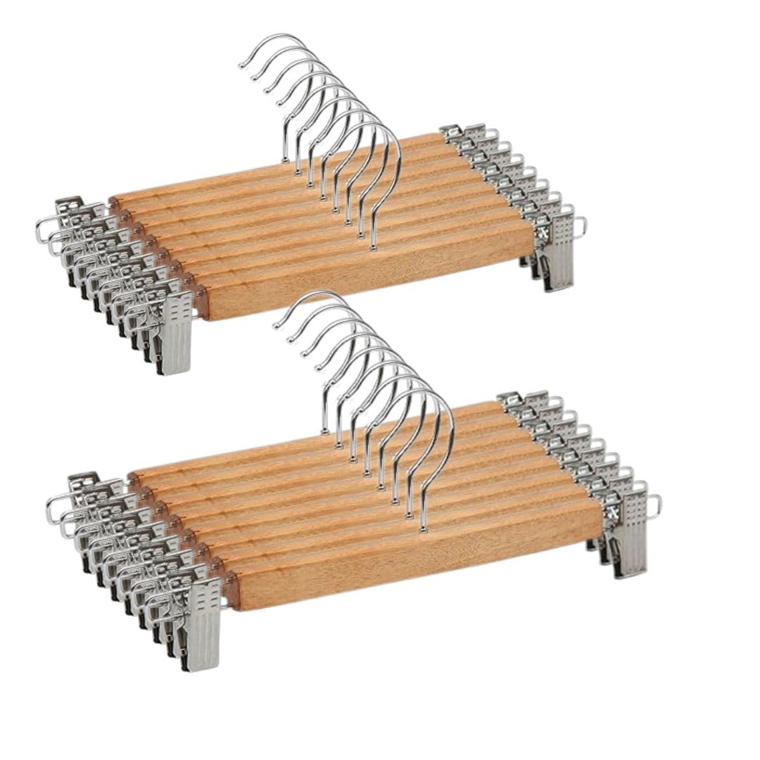 Giftock Wooden Clip Hanger Space-Saving Skirt Holders Central Heavy Closet, Pants and Shorts Hangers, Ridged Non-Slip with Pinch Clips, 360-Rotating Chrome Swivel Hook (Walnut, 1 Pc)