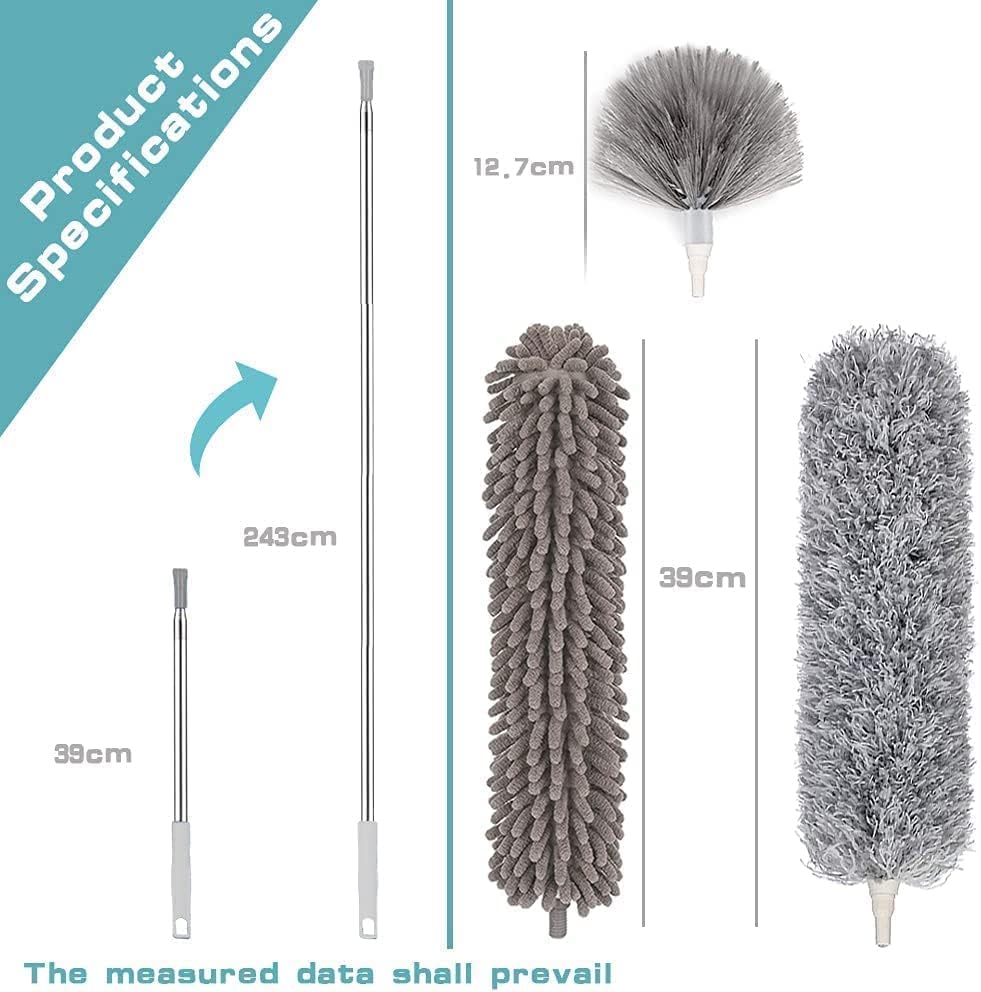 Giftock Microfiber Feather Duster Bendable & Extendable Fan Cleaning Duster with 100 inches Expandable Pole Handle Washable Duster for High Ceiling Fans, Window Blinds, Furniture (Grey)