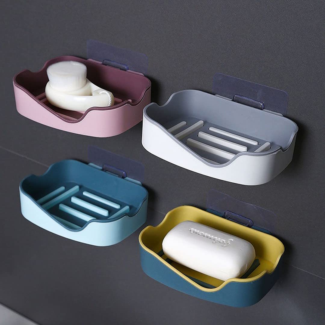 Giftock Plastic Soap Stand Holder For Bathroom Kitchen Sink Magic Stickers Wall Mounted (Pack of 2 Pcs) Soap Dish Holder, Rectangular Design Random Color