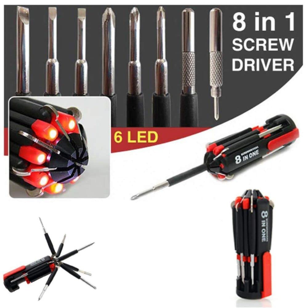 Giftock 8in1 Screwdriver Set with 6 LED Lights, Portable multifunctional 8-in-1 Screw driver tool set kit with torch and magnetic heads for Mobile, Laptop repairing & Household work.
