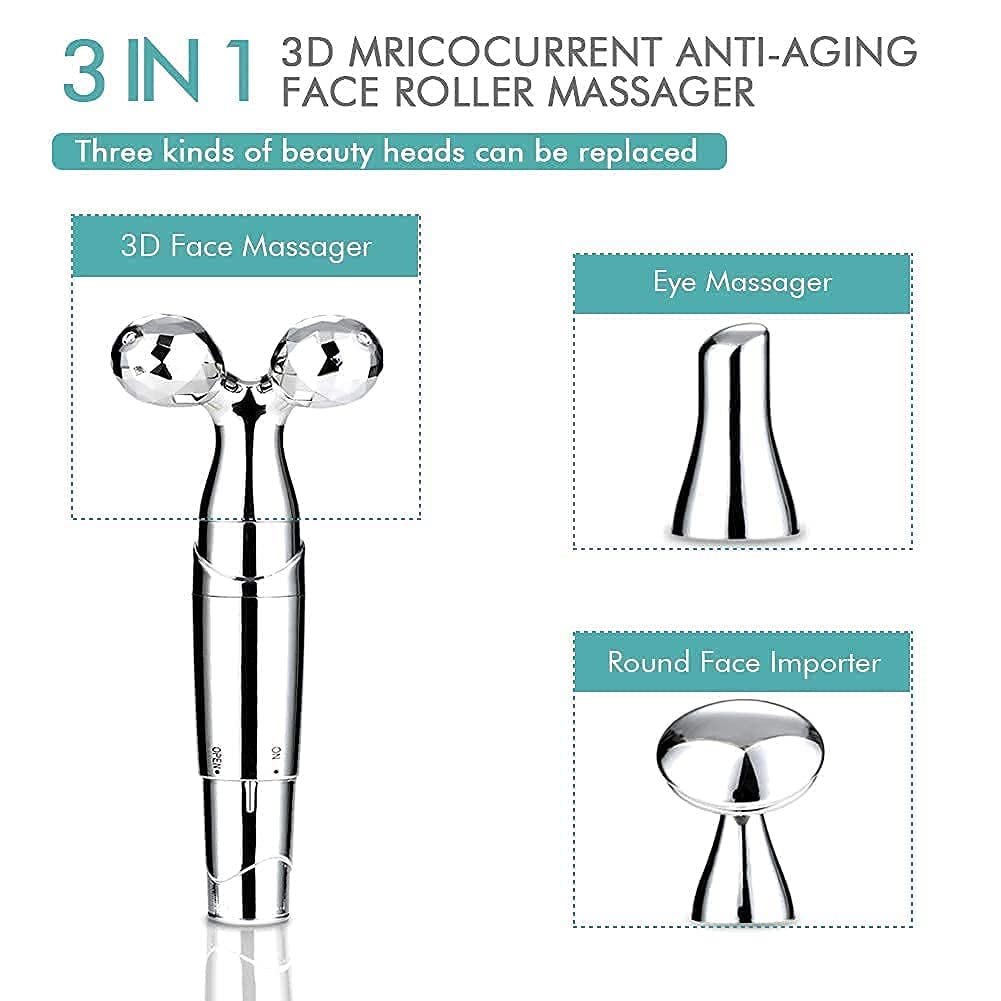 Giftock Face Roller Massager, 3-IN-1 Electric 3D Vibrating Roller Facial Massager Beauty Bar Kits Face Eye Nose Skin Care Facial Tools for Face Lift Anti-Aging Anti-Wrinkles Skin Tightening