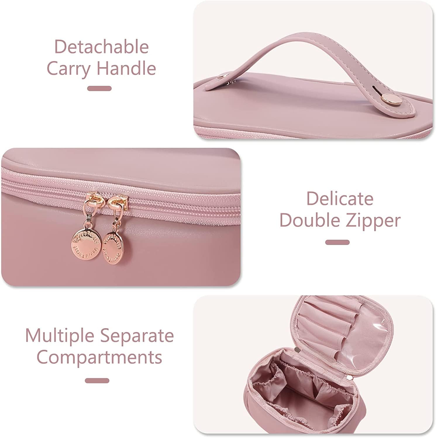 Giftock Makeup Bag, Portable Cosmetic Bag, Large Capacity Travel Makeup Organizer, Leather Cosmetic Brush Case for Women Toiletry Bag for Girls with Handle and Divider (Light Pink)