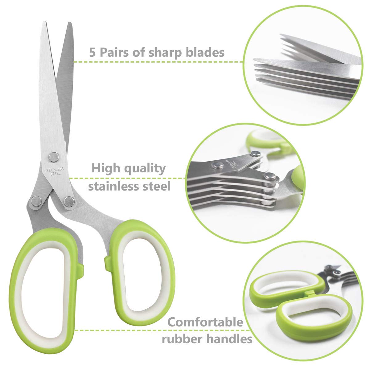 Giftock Herb Cutter Scissors 5 Blade Scissors Kitchen Multipurpose Cutting Shear with 5 Stainless Steel Blades & Safety Cover & Cleaning Comb Cilantro Scissors Sharp Shredding Shears Herb Scissors Set (Green