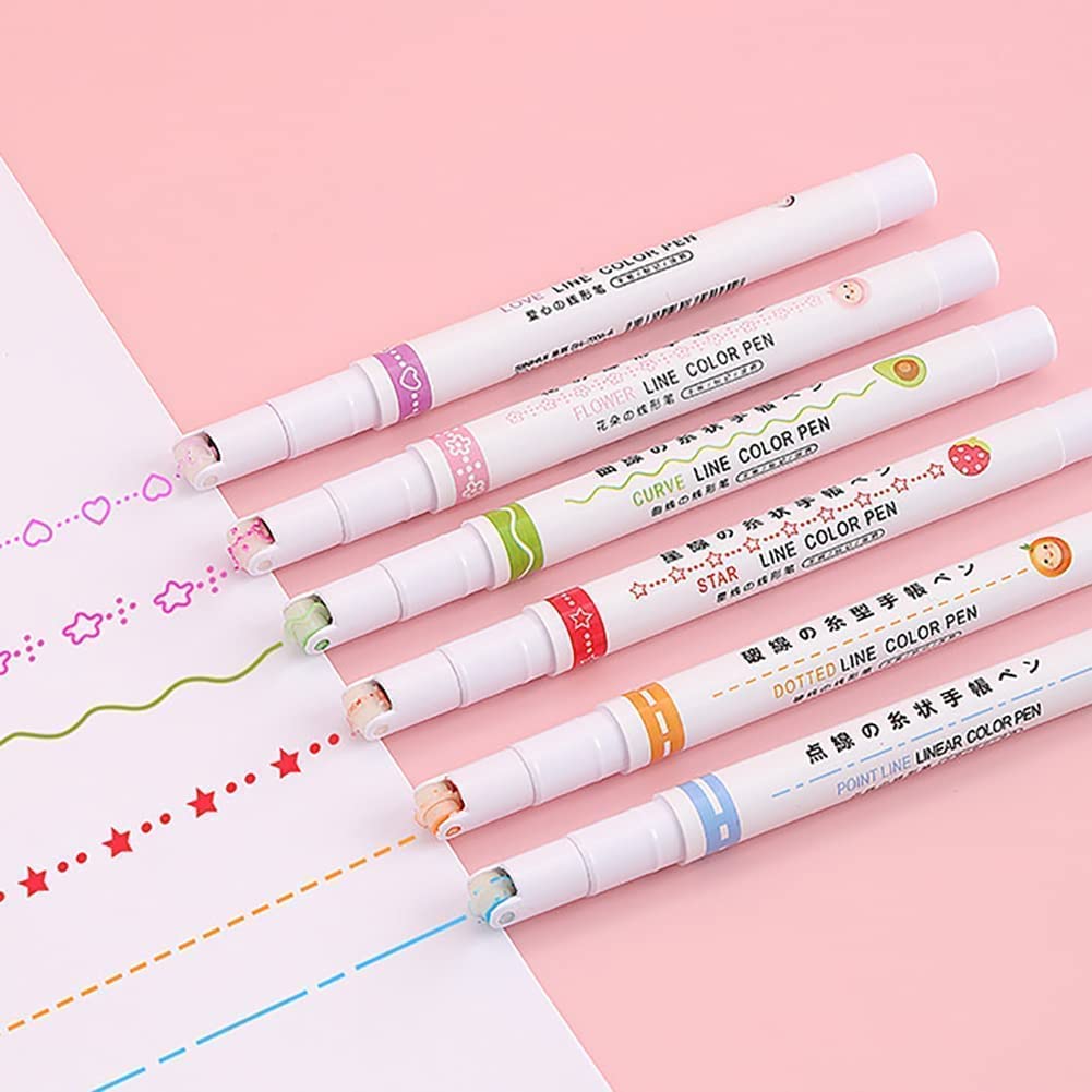 Giftock Designer Highlighter Pens Set, Line Markers Colors Pen For Adults & Kids Writing Drawing School Supplies, 6 in 1 Drawing Liner Marker Is 6 Different Curve Shapes