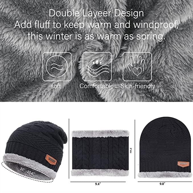 Giftock Wool Beanie Cap & Muffler for Mens & Women  Winter Cap for Men  Mens Woolen Cap with Neck Muffler  Winter Muffler for Women  Soft Woolen Muffler & Cap for Men & Women Black