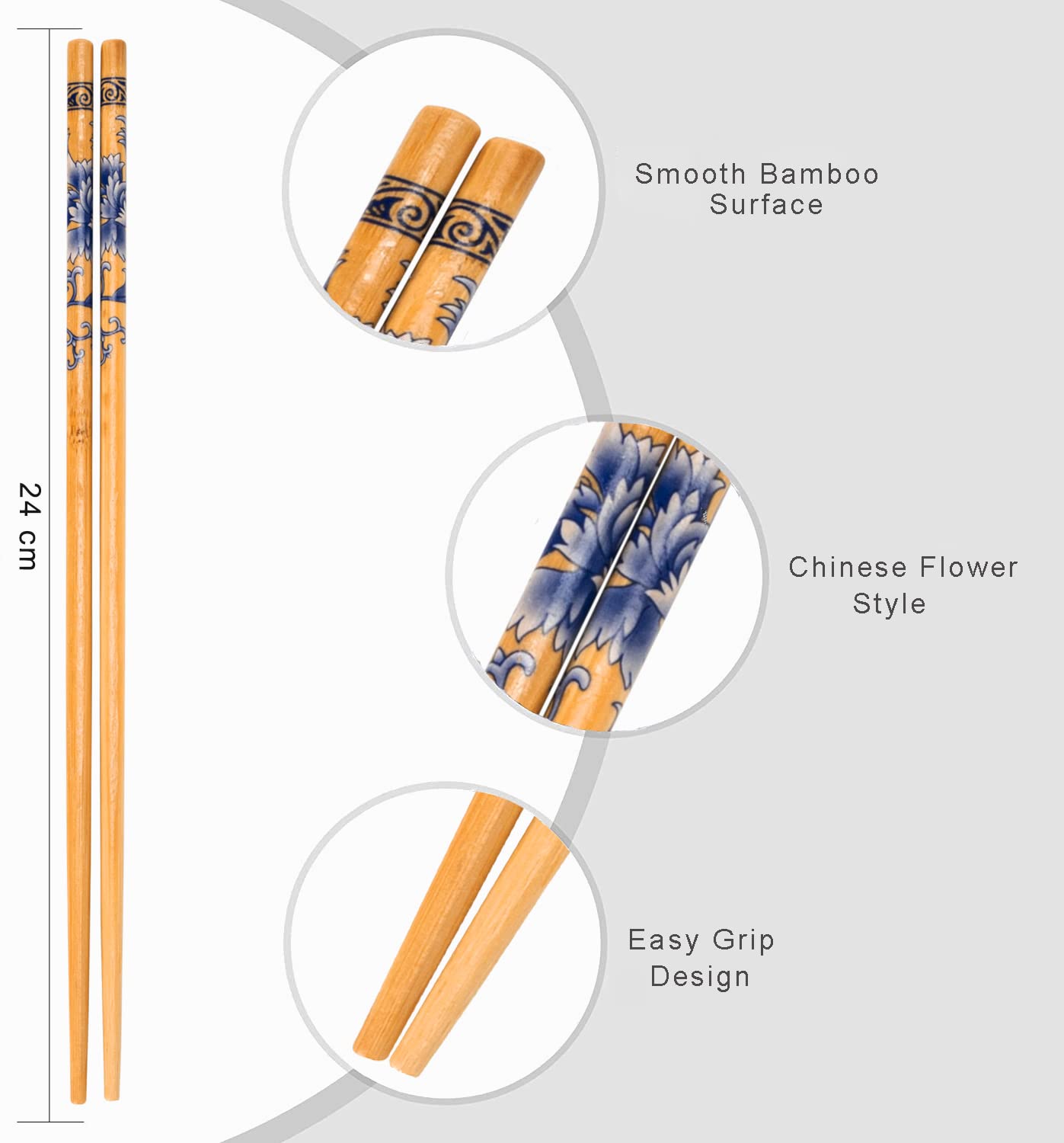 Giftock) 5 Pairs Natural Bamboo Reusable Chopsticks for Sushi, Noodles, Fried Rice (24 cm, Brown)