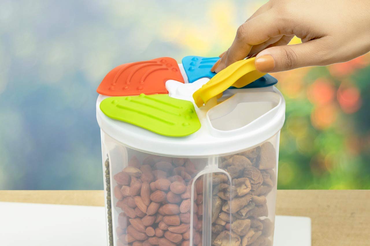 Giftock 4 Sections Flower Container Jar - 1 Pcs Plastic Grocery Container with Lid Box, Air Tight Transparent Easy Open Close Food, Grain, Cereal Dispenser Storage for Kitchen (2500ml, Multicolor)