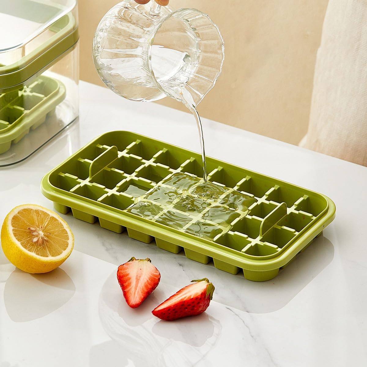 Giftock 2 Layer Ice Cube Tray with Lid & Bin, Square Ice Cubes Molds with Ice Scoop, One Tap Easy Release & Save Space, Bpa Free Ice Cube Storage Container 64 Ice Cubes
