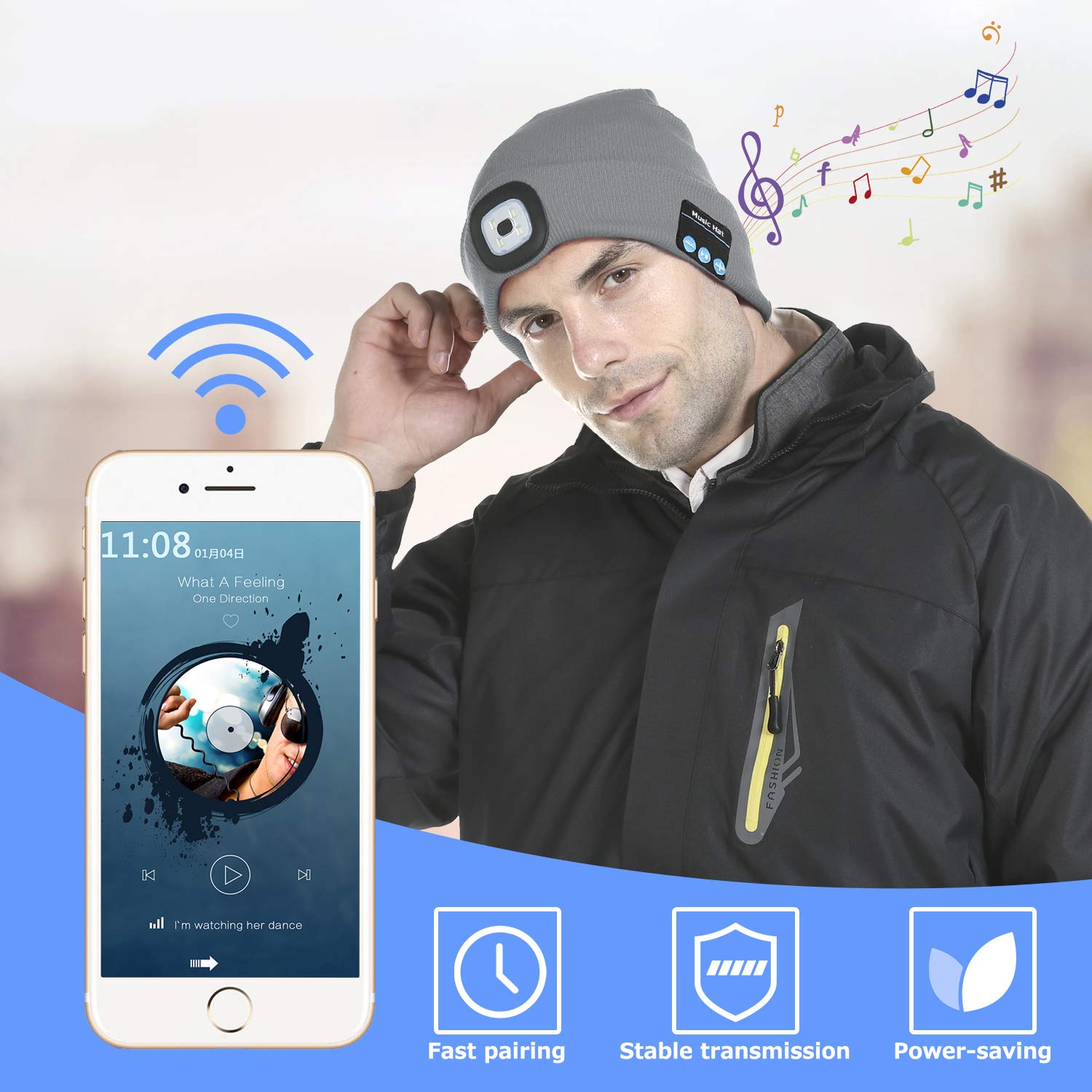 Giftock Bluetooth Beanie Hat with Light, Unisex LED Cap with Headphones Built-in Stereo Speakers & Mic, Tech Gift for Men Women Dad