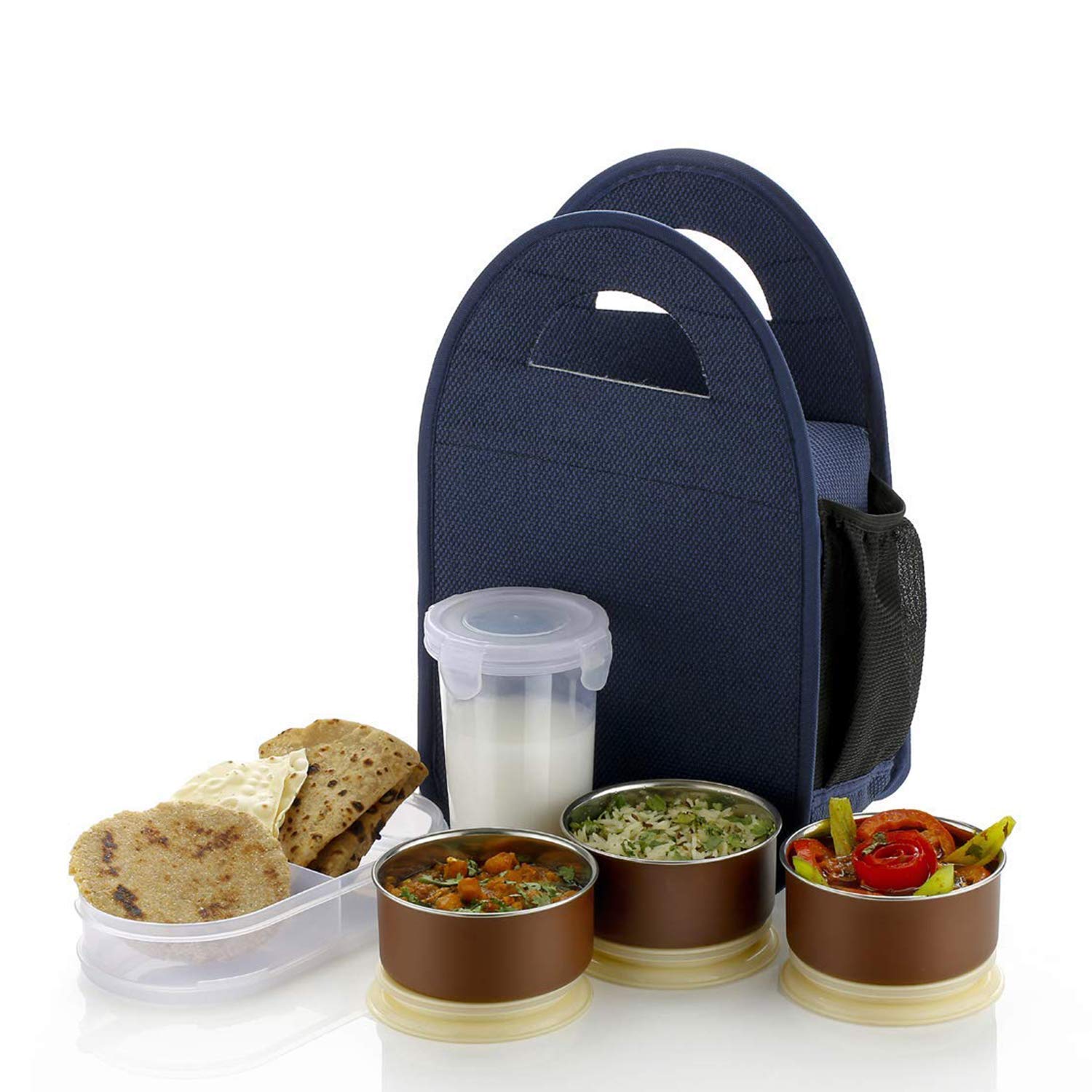 Giftock New Stainless Steel 4 Container and 1 Set with Plastic Glass Lunch Box Set with Carry Bag for Office, College and School for Men, Women Kids