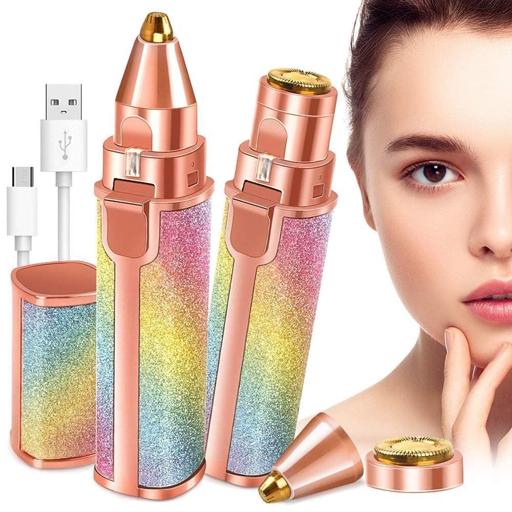 Giftock 2 in 1 Electric Rechargeable Flawless Eyebrow - Women Facial Hair Removal Electric Eyebrow Shaper Trimmer 2 in 1 Eye Brow Hair Remover Perfect Painless Shaver Device Face Razor Lip
