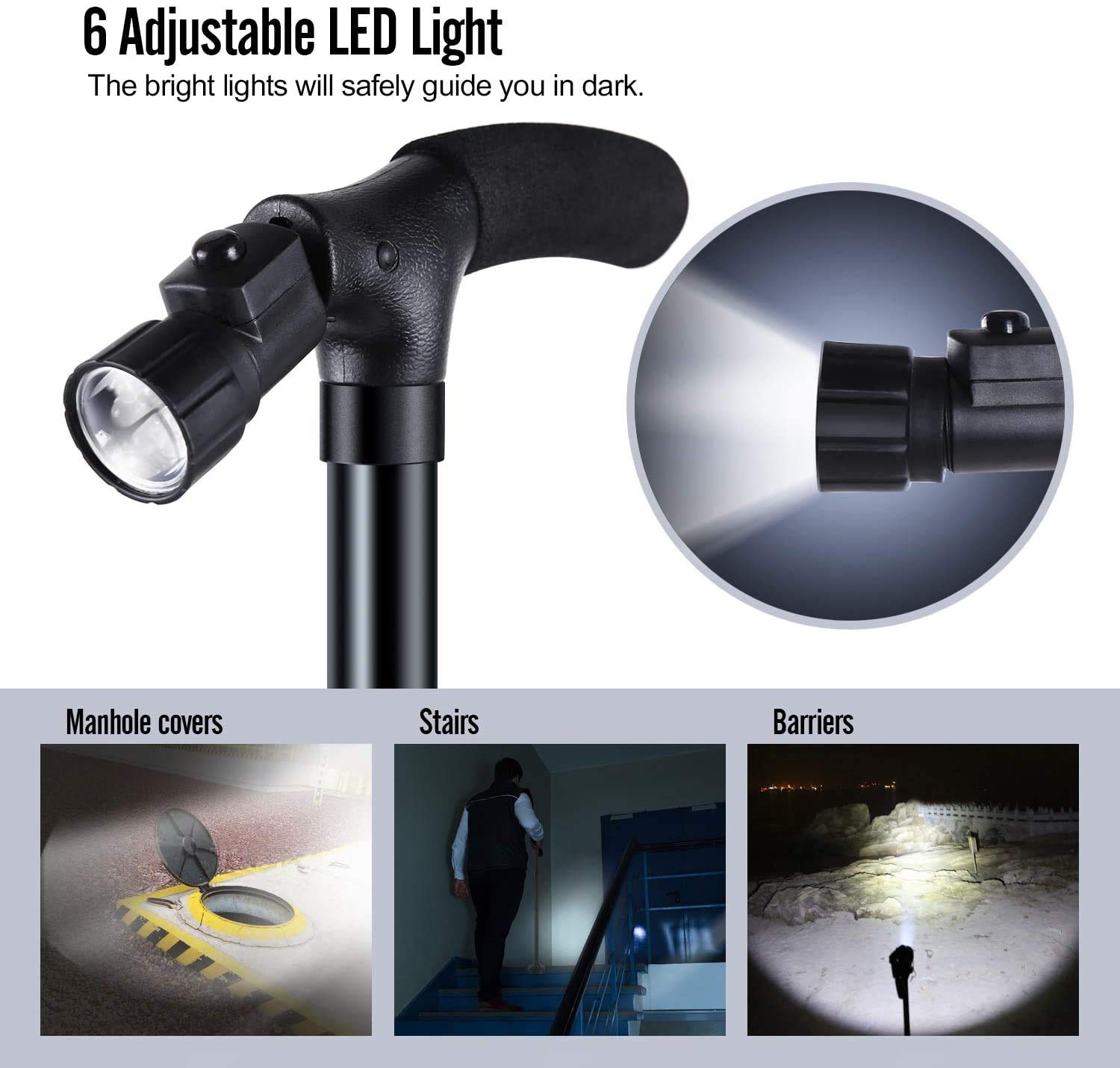 Giftock Folding Cane with Led Light- Non-Slip Grip Handle for Men & Women,Collapsible Walking Stick,Adjustable Walking Cane Base for Hiking Camping Black