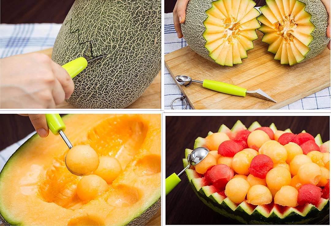 Giftock 2 in 1 Melon Ball Maker and Stainless Steel Multi Functional Dig Scoop with Carving Knife for DIY Fruit Salads and Desserts Cake Ice Cream Scoopar
