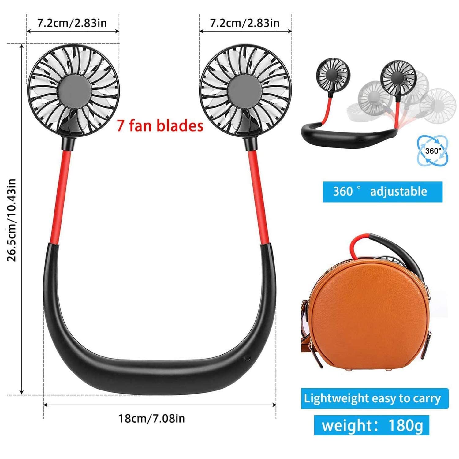 Giftock Personal Hand-Free Neck Fan- Mini Portable Usb Rechargeable Fan with 3 Speed Adjustable & 360 Rotation Perfect for Home, Sport, Camping, Beach, Travel, Office, Headphone Design (Black)