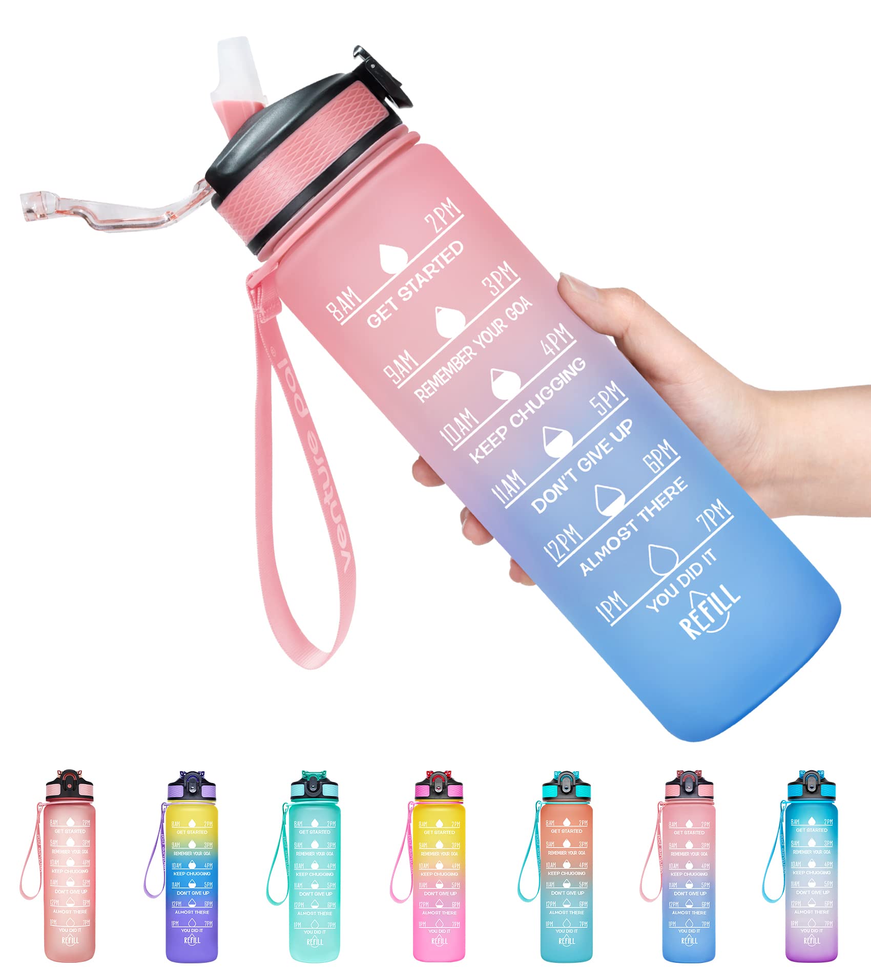 Giftock 32Oz Motivational Fitness Sports Water Bottle With Time Marker&Straw,Large Wide Mouth Leakproof Durable Bpa Free Non-Toxic-Ombre Green Purple (Plastic,Pack Of 1 Bottle),32 fluid_ounce