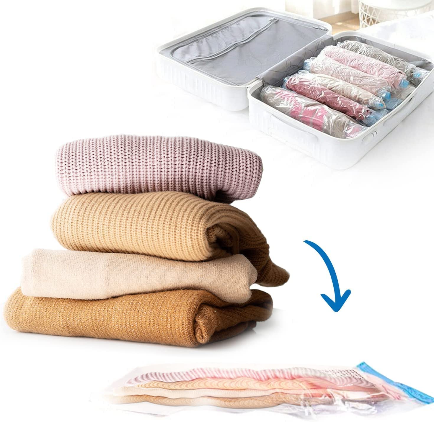 Giftock Space Saving Reusable Vacuum Storage Ziplock Compression Sealer Bags for Travel clothes and home Blankets, Quilts with hand Pump - (Standard Pack of 5 (2 Small + 2 Medium + 1 Large, Plastic)