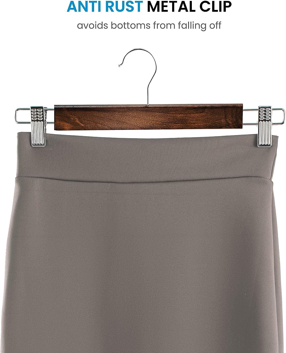 Giftock Wooden Clip Hanger Space-Saving Skirt Holders Central Heavy Closet, Pants and Shorts Hangers, Ridged Non-Slip with Pinch Clips, 360-Rotating Chrome Swivel Hook (Walnut, 1 Pc)