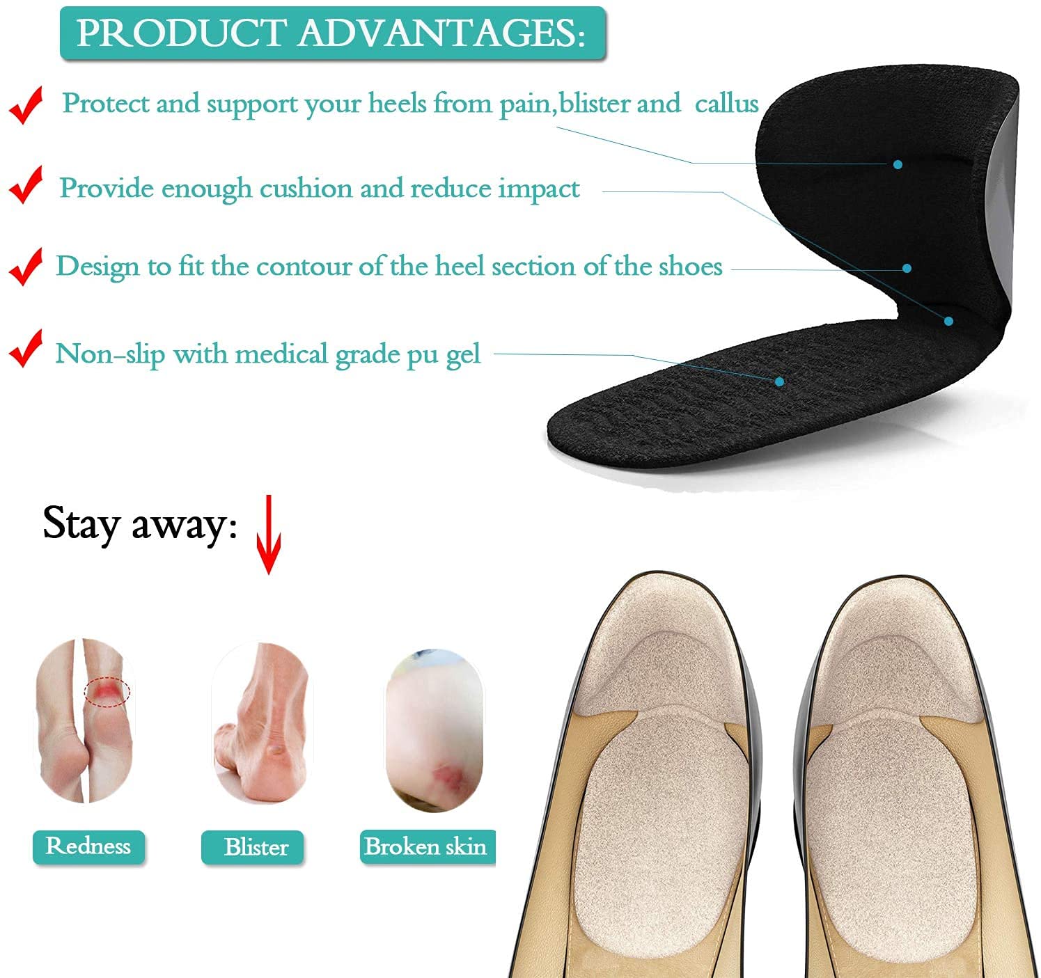 Giftock 6pcs Shoe Insole Reusable Soft Shoe Inserts Heel Cushion Pads Self-Adhesive Foot Care Protector Grips Liners Loose Shoes -Heel Pain Relief Bunion Callus Blisters for Men & Women-3 Pairs
