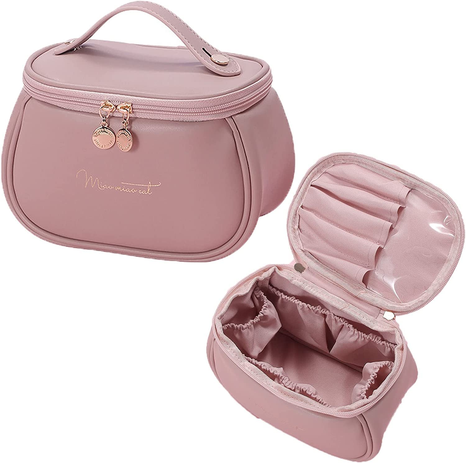 Giftock Makeup Bag, Portable Cosmetic Bag, Large Capacity Travel Makeup Organizer, Leather Cosmetic Brush Case for Women Toiletry Bag for Girls with Handle and Divider (Light Pink)