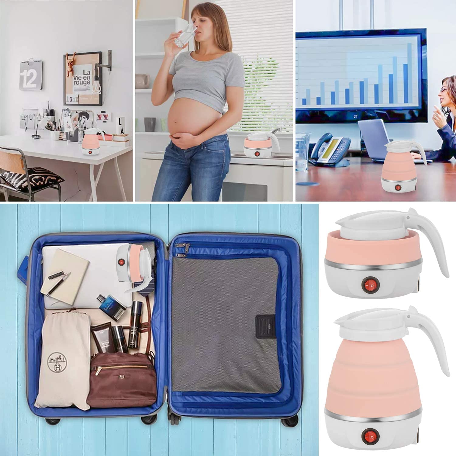 Giftock Travel Foldable Electric Kettle,Collapsible Electric Kettle Food Grade Silicone Small Electric Kettle Boiling Water, Used in Coffee,Tea,Milk,Dual Voltage(600ml,110-220V) (Multi Colour)